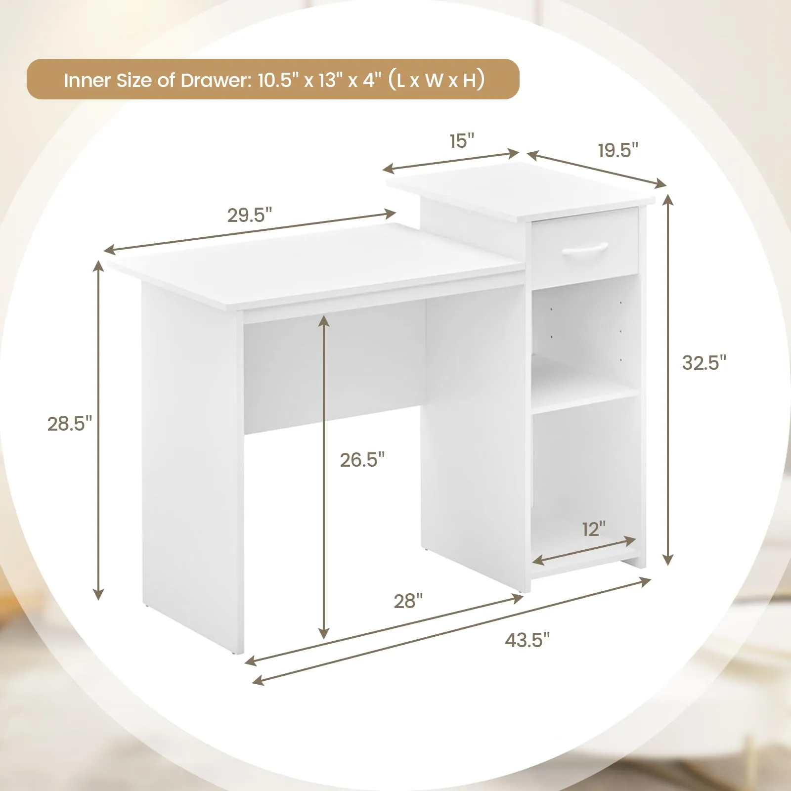 Tangkula White Desk with Drawer, Modern Computer Desk with Adjustable Shelf & Cable Hole, Wooden Computer Workstation for Home or Office