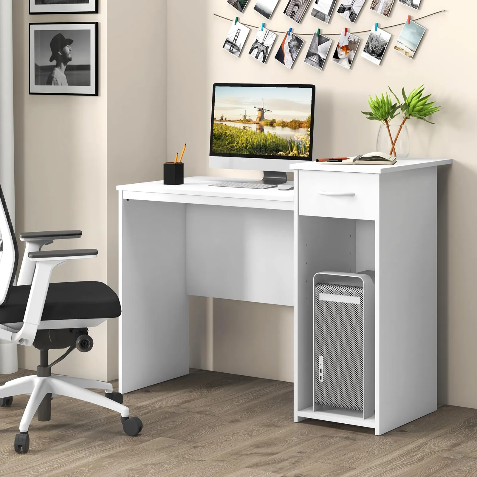 Tangkula White Desk with Drawer, Modern Computer Desk with Adjustable Shelf & Cable Hole, Wooden Computer Workstation for Home or Office