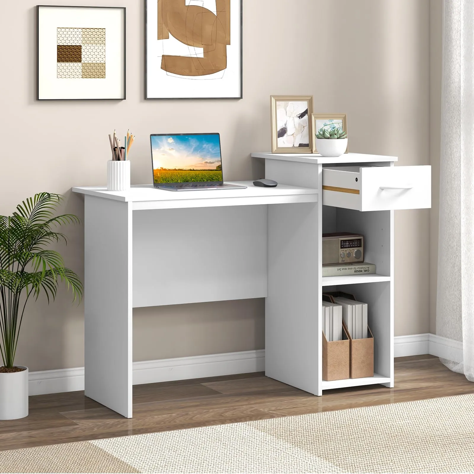 Tangkula White Desk with Drawer, Modern Computer Desk with Adjustable Shelf & Cable Hole, Wooden Computer Workstation for Home or Office