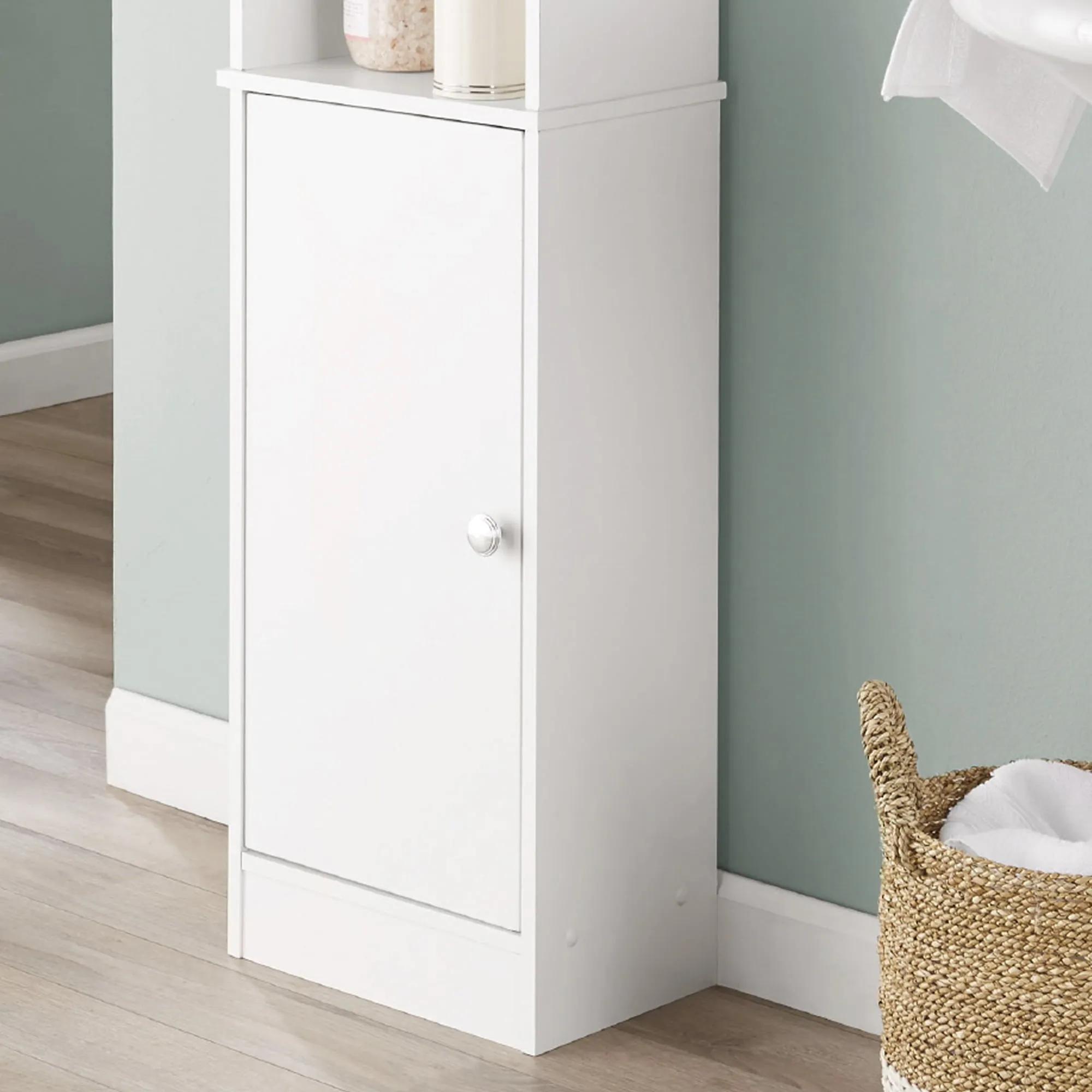 White Bathroom Storage Linen Tower with Open and Concealed Shelves