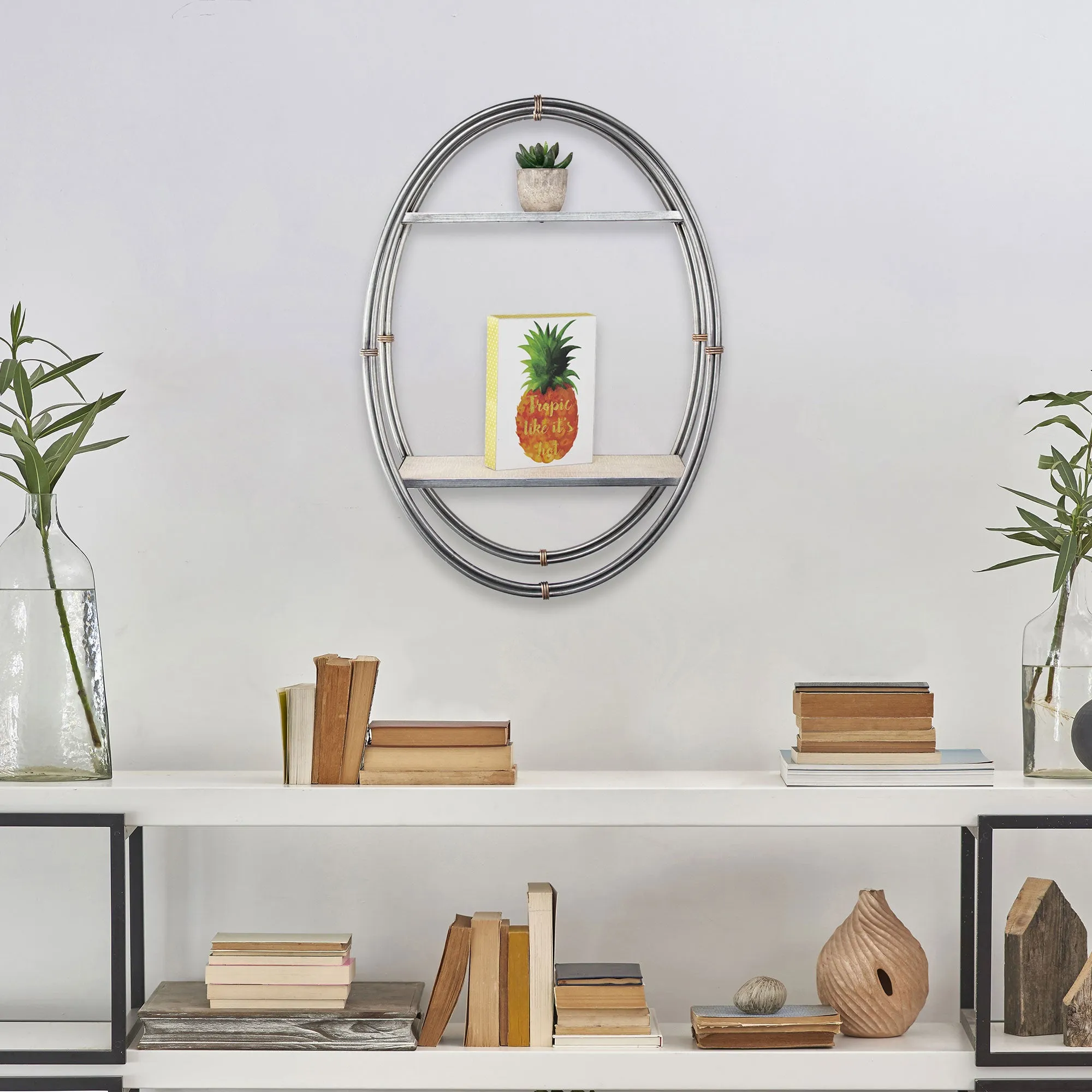 Wood and Metal Hanging Oval Wall Shelf