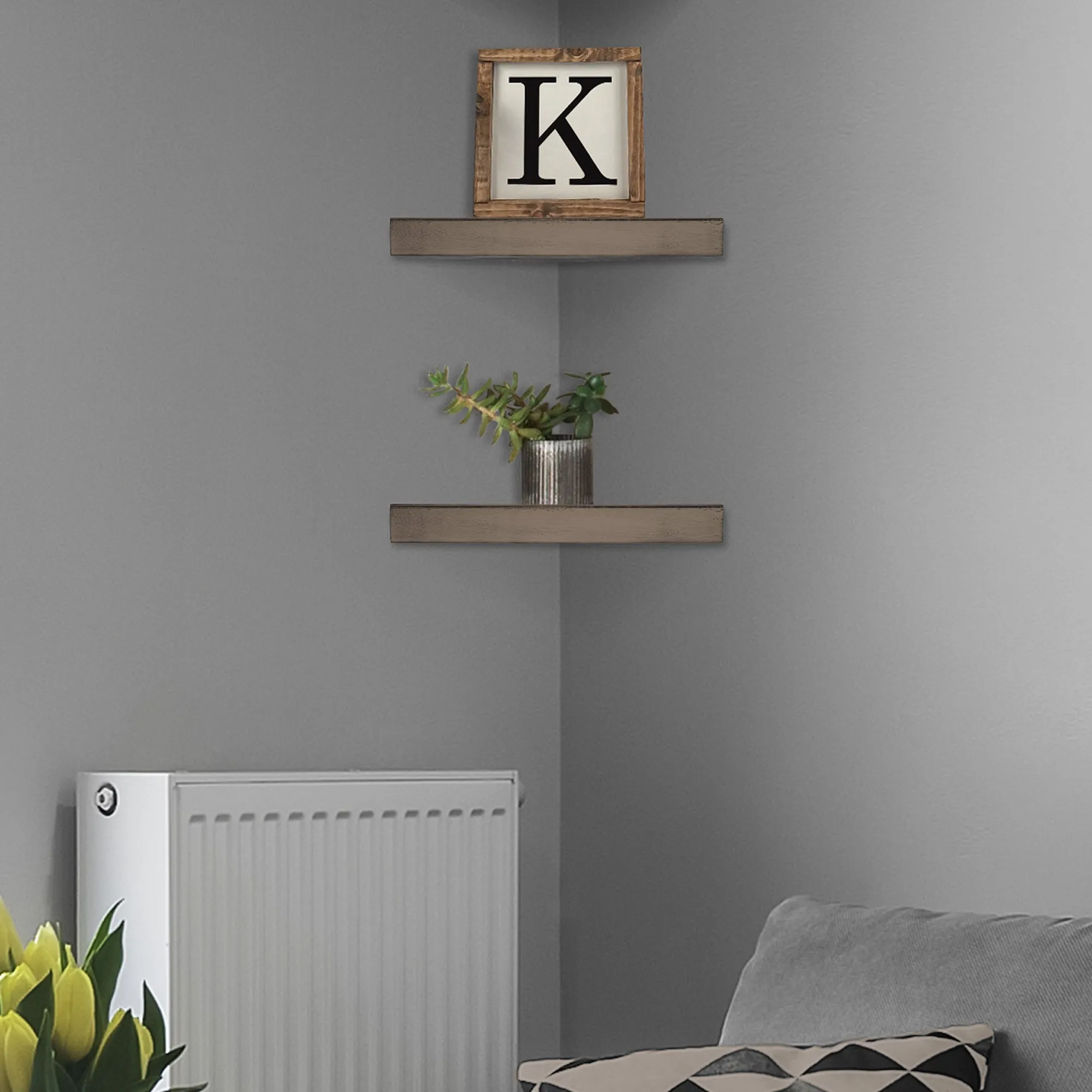 Wood Floating Corner Shelves (Set of 2) - Walnut Brown